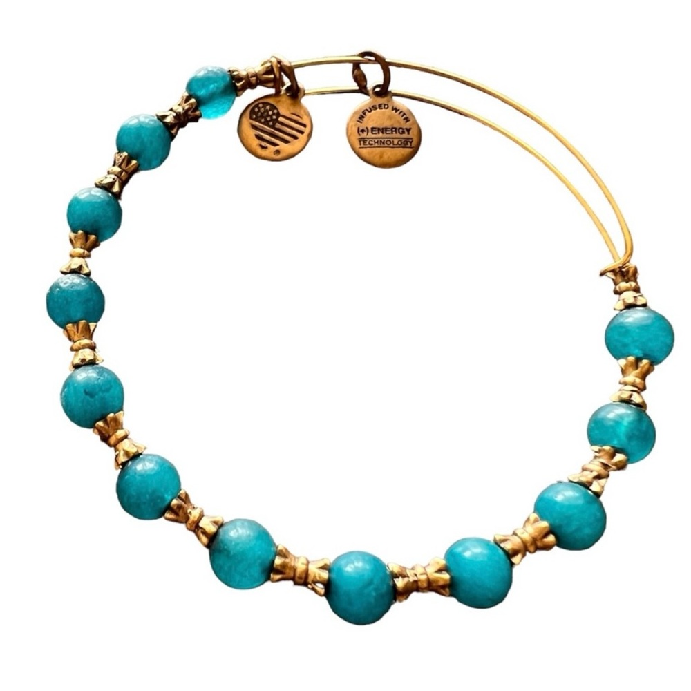 Alex and Ani gold bracelet with bright blue beads, beaded adjustable